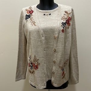 Alfred Dunner beige floral embroidered knit top with attached cardigan PS